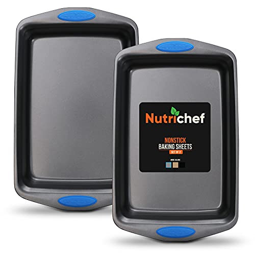 NutriChef 2-Piece Baking Pan Set - PFOA, PFOS, PTFE Free Flexible Nonstick Gray Coating Carbon Steel Bakeware - Professional Home Kitchen Bake Cookie Sheet Stackable Tray w/ Blue Silicone Handles