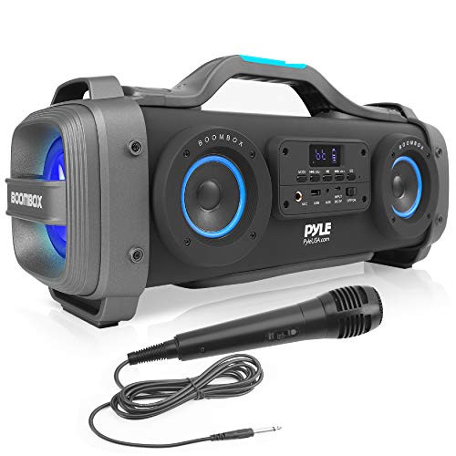 Wireless Portable Bluetooth Boombox Speaker - 800W Rechargeable Boom Box Speaker Portable Barrel Loud Stereo System with AUX Input, USB, 1/4" in, Fm Radio, 4" Subwoofer, DJ Lights - Pyle PBMSPG148