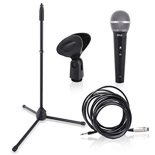 Professional Handheld Dynamic Microphone Kit - Unidirectional Vocal Wired Microphone w/Carry Bag, Metal Mic Stand, Holder/Clip & 16.4ft XLR Audio Cable to 1/4'' Audio Connection - Pyle PDMIC88ST