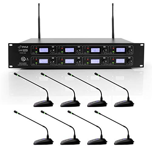 8 Channel Conference Microphone System - UHF Desktop, Table Meeting Wireless Microphones & Receiver w/ 8 Gooseneck Mics, Rack Mountable & LED Audio Signal Indicator Lights - Pyle PDWM8880