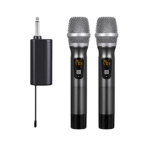 UHF Wireless Microphone System Kit - Dual Professional Battery Operated Handheld Dynamic Unidirectional Cordless Microphone Transmitter Set w/Adapter Receiver - PA Karaoke DJ Party - Pyle PDWMU214