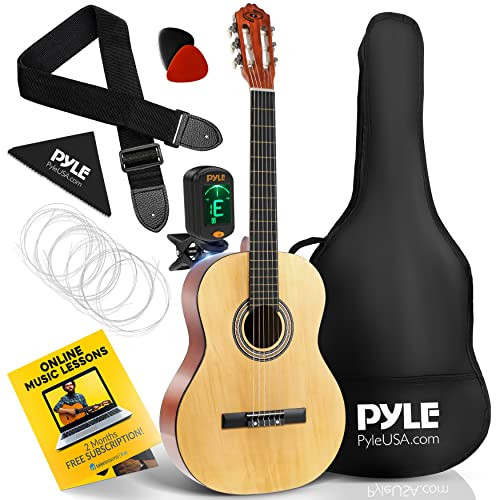 Pyle Classical Acoustic Kit-Junior 6 Linden Wood Guitar w/Gig Bag, Tuner, Nylon Strings, Picks, Strap, for Beginners, Adults, Right, Natural Gloss, 39” (PGACLS90)