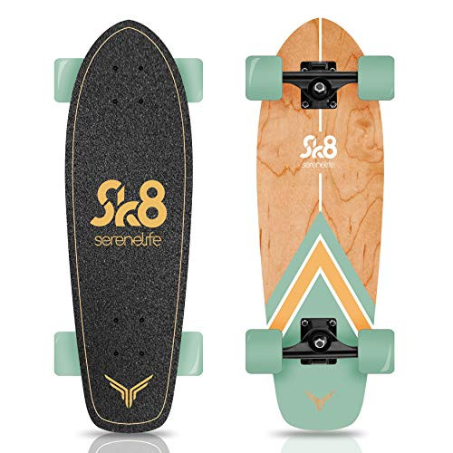 Complete Standard Skateboard Mini Cruiser - 6 Ply Canadian & Bamboo Maple Deck Complete Double Kick Skate Board W/ 5" Aluminum Trucks - for Kids, Teens, Adults - SereneLife SL5SBGR (Aqua)