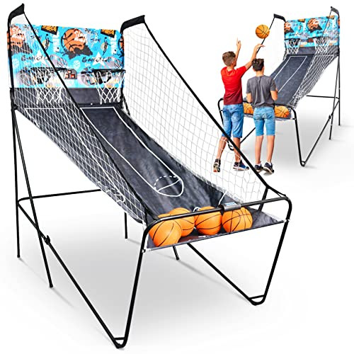 Dual Hoop Basketball Shootout Indoor Home Arcade Room Game with Electronic LED Digital Double Basket Ball Shot Scoreboard and Play Timer Fold-up Court Shooting Sports for Kids and Adults Player