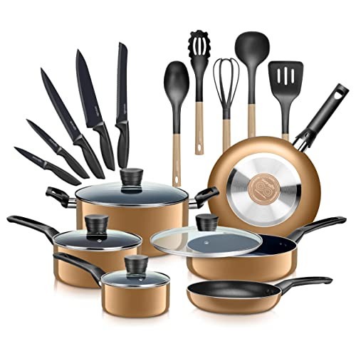 SereneLife Kitchenware Pots & Pans Basic Kitchen Cookware, Black Non-Stick Coating Inside, Heat Resistant Lacquer (20-Piece Set), One Size, Gold
