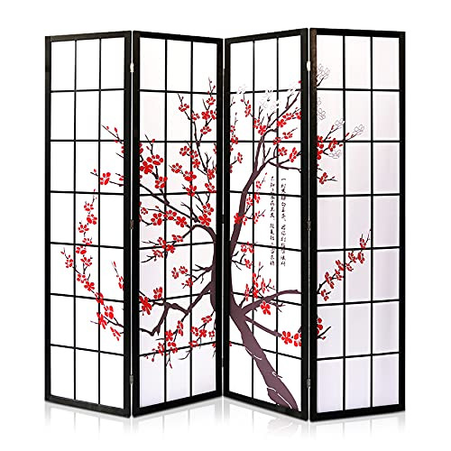 SereneLife Japanese Screen Room Divider - Portable Freestanding Classic Indoor Decorative 4-Panel Separator, Folding Privacy for Living, Dressing Area, Office, Elegant Plum Blossom Design
