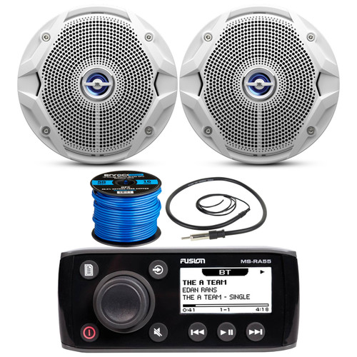 Fusion MS-RA55 Compact Marine Bluetooth AM/FM Stereo Radio AUX Receiver Bundle Combo with 2x JBL 6.5" 180 Watts Peak Power Dual Cone Marine Boat Stereo White Speakers, Speaker Wire, Antenna