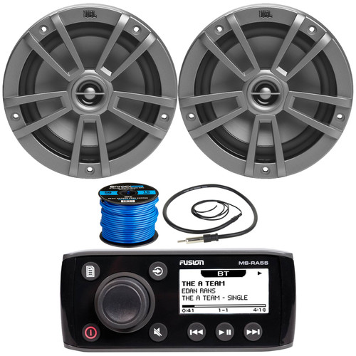 Fusion MS-RA55 Compact Marine Bluetooth AM/FM Stereo Radio AUX Receiver Bundle Combo with 2x JBL Marine Stage 6 6.5" 180 Watts Peak Power 2-Way Multi-Element Gray Speakers, Speaker Wire, Antenna