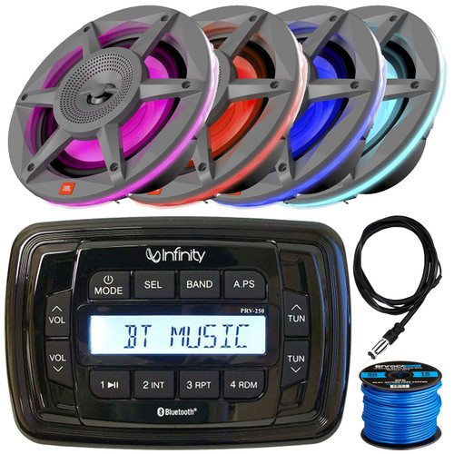 Infinity PRV250 Marine Bluetooth USB/AUX AM/FM Radio Digital Media Black Stereo Receiver, 4x 6.5" 300 Watt Max Power 2-Way RGB LED Gray Boat Speakers, 22" Radio Antenna, 50 Feet 16 Gauge Speaker Wire