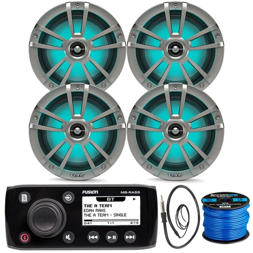 Fusion MS-RA55 Compact Marine Bluetooth AM/FM Stereo Radio AUX Receiver Bundle Combo with 4x 6.5" Coaxial 225 Watt Peak Power Waterproof Titanium Marine RGB LED Speakers, Speaker Wire, Antenna
