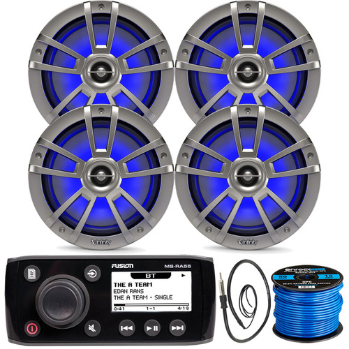 Fusion MS-RA55 Compact Marine Bluetooth AM/FM Stereo Radio AUX Receiver Bundle Combo with 4x 8" Coaxial 450 Watt Max Power Waterproof Marine Titanium RGB LED Speakers, Speaker Wire, Antenna