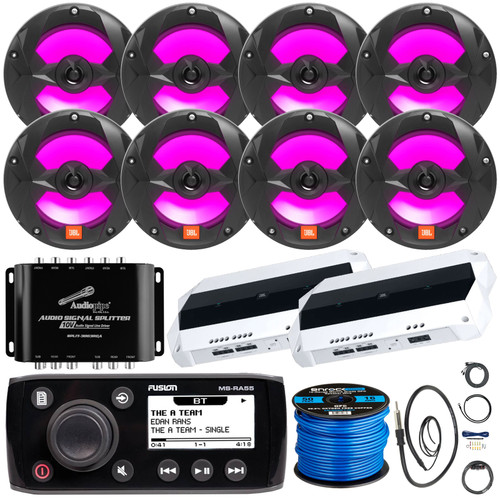 Fusion MS-RA55 Bluetooth AM/FM Radio AUX Receiver Bundle with 8x JBL 6.5" 225W 2-Way Marine Black RGB LED Speakers, 2x 4-Channel Boat Amplifiers w/ Kit, Signal Splitter Amp, Speaker Wire, Antenna