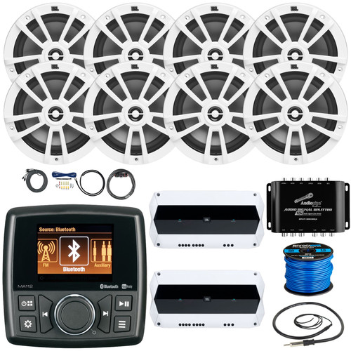 Marine Audio MA112 Marine AM/FM USB Bluetooth Stereo Receiver, 8x JBL Marine Stage 6 6.5" 180 Watt Peak White Speakers, 2x 4-Channel Amplifiers w/Install Kit, Signal Splitter, Speaker Wire, Antenna