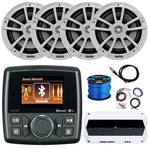Marine Audio MA112 2.8" Color Display AM/FM USB Bluetooth Marine Stereo Receiver Bundle with 4x 6.5" 225 Watt Max Power White Marine Speakers, 4-Channel Amplifier w/ Install Kit, Speaker Wire, Antenna