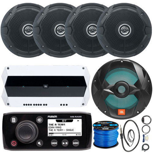 Fusion MS-RA55 Marine Bluetooth AM/FM Radio AUX Receiver Bundle with 4x JBL 6.5" 180W Dual Cone Marine Stereo Black Speakers, 10" LED Subwoofer, 5-Channel Boat Amp w/ Install Kit, Wire, Antenna