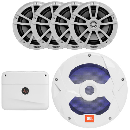 4x Infinity 6.5" 225 Watt Max Power High-Performance White Speakers, 10" 750 Watt Max Power Multi-Element RGB LED White Boat Audio Subwoofer, 1200 Watt Max Power Mono Class D Amplifier