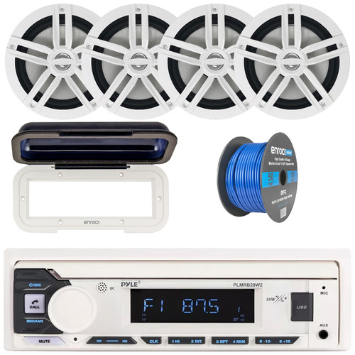 Pyle PLMRB29W2 Single DIN Marine Bluetooth USB/AUX MP3 Player AM/FM Radio Stereo Receiver w/White Cover, 4x 6.5" 180 Watt Max Power 2-Way White Boat Audio Speakers, 50 Feet 16 Gauge Speaker Wire
