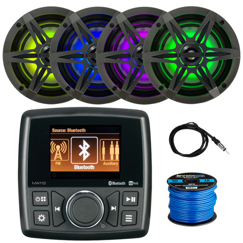 Marine Audio MA112 AM/FM Radio USB Bluetooth Marine Stereo Receiver, 4x 6.5" 120 Watt Peak Multicolor LED Boat Audio Speakers with 4x Charcoal + 4x Chrome Grilles, Wire, Antenna