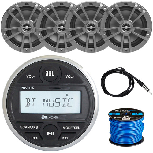 JBL PRV-175 Marine Bluetooth USB/AUX AM/FM Radio Digital Media Gauge Style Stereo Receiver, 4x 6.5" 180W Max 2-Way Multi-Element Gray Boat Speakers, 50 Feet 16 Gauge Speaker Wire, 40" Radio Antenna