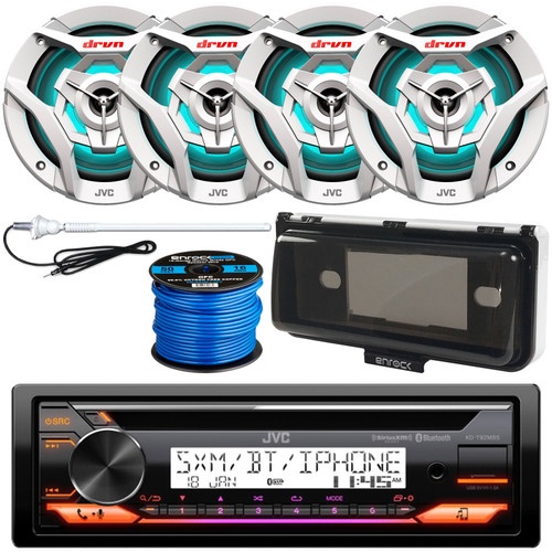 Single DIN Marine Bluetooth USB AUX AM/FM Radio CD Player Receiver Bundle Combo with 4x 6.5" 260W 2-Way White Boat Audio Speakers with MultiColor LEDs, Receiver Shield, Antenna, Speaker Wiring