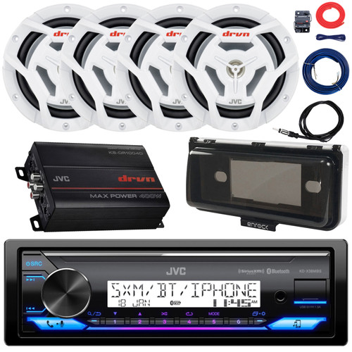 JVC KD-X38MBS Single DIN Marine MotorSports Bluetooth USB/AUX LED AM/FM Radio Stereo Receiver W/White Cover, 4x 6.5" 150W Max 2 Way Coaxial Speakers, 4-Channel Amplifier w/Kit, Antenna, Wire