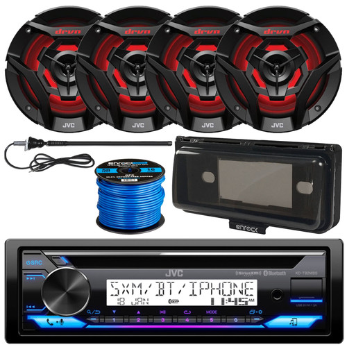 JVC KD-T92MBS Single DIN Marine Bluetooth USB AUX AM/FM Stereo CD Player Receiver, 4x 6.5" 260 Watt Max 2-Way Multicolor LED Boat Audio Speakers w/Wire, Radio Cover, Long Range Antenna (Black)