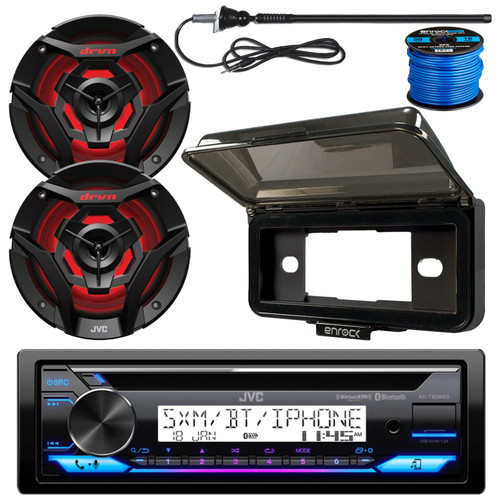 JVC KD-T92MBS Single DIN Marine MotorSports USB Bluetooth AM/FM Radio CD Player Receiver, 2x 6.5" 260 Watt Max 2-Way Multicolor LED Boat Audio Speakers, Wire, Stereo Cover, Long Range Antenna (Black)