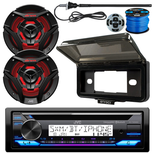 JVC KD-T92MBS Single DIN Marine USB Bluetooth AM/FM Radio CD Player Receiver, Wired Remote, 2x 6.5" 260 Watt 2-Way Multicolor LED Boat Audio Speakers, Wire, Stereo Cover, Long Range Antenna (Black)