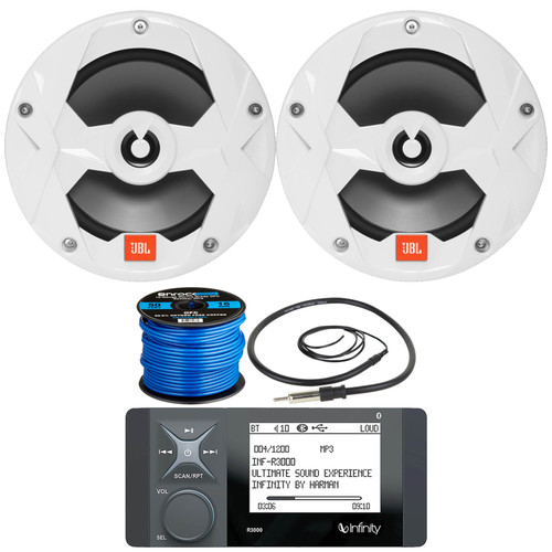 Infinity R3000 Bluetooth AM/FM Radio Digital Media Marine Receiver Bundle Combo with 2x JBL Club Marine 6.5" 2-Way 225W White Marine Speakers (Bulk Packaging), 16-Gauge Speaker Wire, Radio Antenna