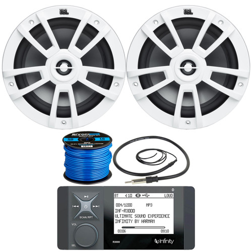 Infinity R3000 Bluetooth AM/FM Radio Digital Media Marine Receiver Bundle with 2x JBL Stage Marine 8" 375 Watts Peak Power High-Performance Marine Audio White Speakers, Speaker Wire, Radio Antenna