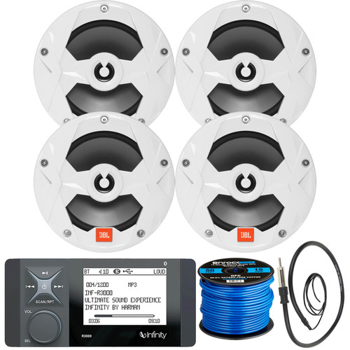 Infinity R3000 Bluetooth AM/FM Radio Digital Media Marine Receiver Bundle Combo with 4x JBL Club Marine 6.5" 2-Way 225W White Marine Speakers (Bulk Packaging), 16-Gauge Speaker Wire, Radio Antenna