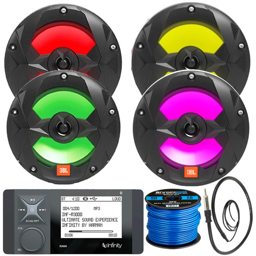 Infinity R3000 Bluetooth AM/FM Radio Marine Receiver Bundle, 4x JBL BMS65LB Marine 6.5" 225 Watt Peak Power 2-Way Multicolor LED Speaker Speakers (Bulk Packaging), Speaker Wire, Radio Antenna