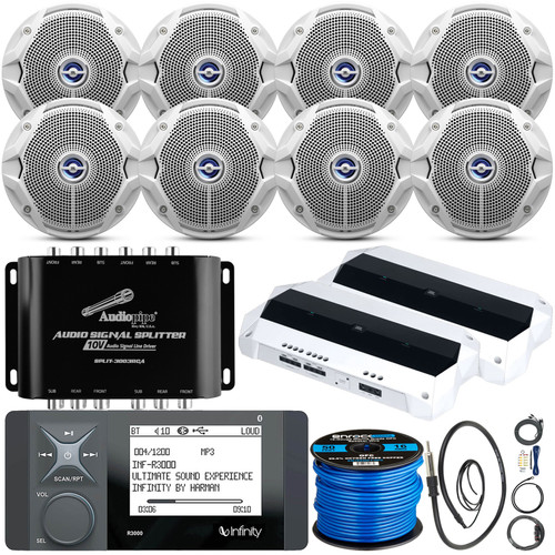 Infinity R3000 Bluetooth Digital Media Marine Receiver, 8x JBL 6.5" 180W Max Power Dual Cone Stereo Boat ATV Marine White Speaker, 2x 4-Channel Amplifiers w/ Wiring Kit, Wire, Antenna