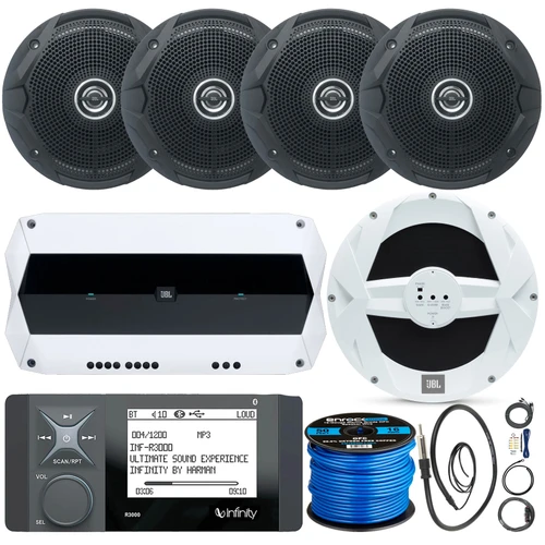 Infinity R3000 Bluetooth Digital Media Marine Receiver, 4x JBL 6.5" 180W Max Power Dual Cone Weather-Resistant Marine Black Speaker, 10" Powered Subwoofer, 4-Channel Amplifier w/ Kit, Wire, Antenna