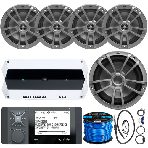 Infinity R3000 Bluetooth Digital Media Marine Receiver Bundle with 4x JBL Marine Stage 6 6.5" 180W 2-Way Gray Marine Speakers, 10" Boat Subwoofer, 5-Channel Amplifier w/ Wiring Kit, Wire, Antenna