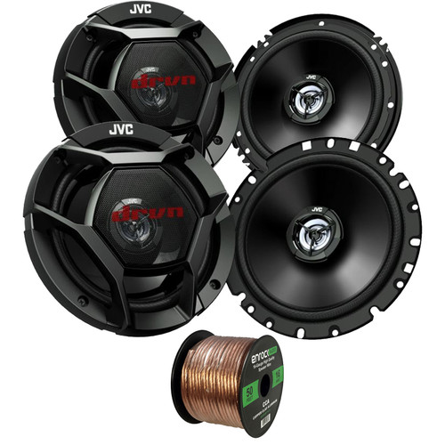 2x JVC CS-DR1721 drvn DR 6.75" 300 Watts Max Power Shallow-Mount Coaxial Car Audio Speakers, 2x 6.5" 2-Way Coaxial 300 Watts Max Vehicle Audio Speakers, 16 AWG Gauge 50 Feet Speaker Wire Cable