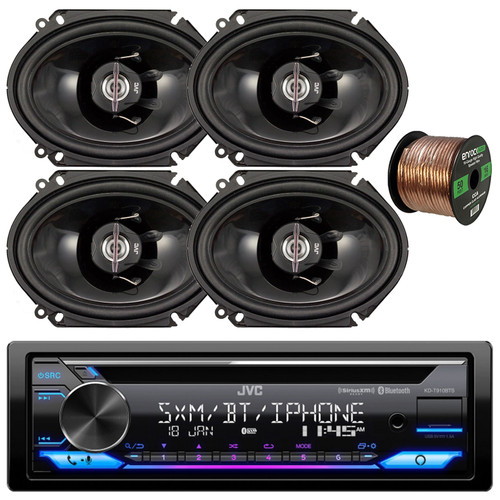 JVC KD-T910BTS Single DIN In-Dash CD Player Bluetooth USB AUX AM/FM Radio Receiver Bundle Combo with 4x 6"x8" 250 Watts Max Power 2-Way Coaxial Black Car Audio Speakers and 16G Speaker Wire