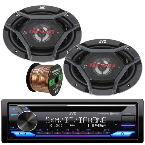 JVC KD-T910BTS Single DIN In-Dash CD Player Bluetooth USB AUX AM/FM Radio Receiver Bundle Combo with 2x 6x9" 4-Way 550 Watt Peak Power Factory Upgrade Coaxial Car Audio Speakers and 16G Speaker Wire