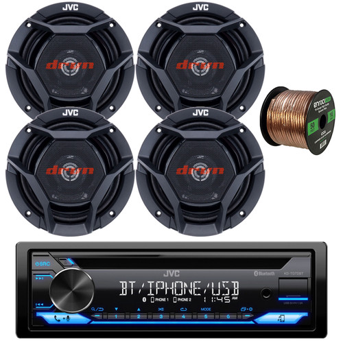 JVC KD-TD72BT Single DIN Bluetooth USB AUX AM/FM Radio CD Player Car Audio Receiver Bundle Combo with 4x 6.75" 300 Watts Max Power Shallow-Mount Coaxial Car Audio Speakers and 16G Speaker Wire