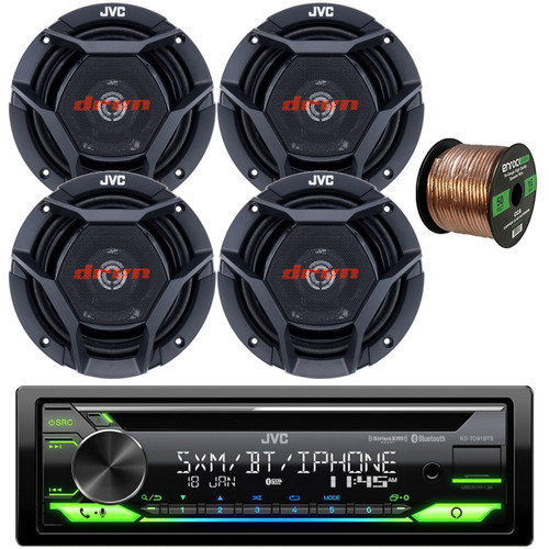 JVC KD-TD91BTS Single DIN CD Player Bluetooth USB AUX AM/FM Radio Receiver Bundle Combo with 4x 6.75" 300 Watts Max Power Shallow-Mount Coaxial Car Audio Speakers and 16G Speaker Wire