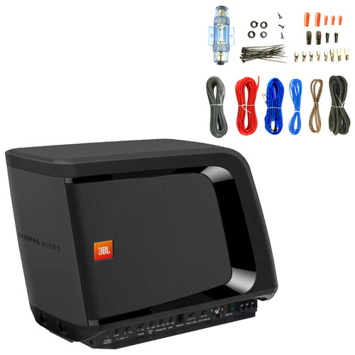 JBL BassPro Micro Dockable Class D 140 Watts RMS Powered Car Audio Subwoofer System Bundle with 8 Gauge Amplifier Wiring Installation Kit