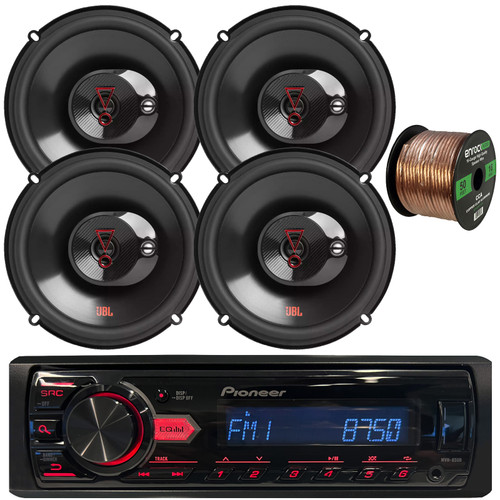 Pioneer MVH-85UB Single DIN USB/AUX MP3 Player AM/FM Radio Digital Media Car Audio Stereo Receiver, 4x JBL Stage3 637F 6.5" 225 Watt Max Power 3-Way Automotive Speakers, 50 feet 16 Gauge Speaker Wire