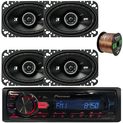 Pioneer MVH-85UB Single DIN USB/AUX MP3 Player AM/FM Radio Digital Media Car Audio Stereo Receiver, 4x Kicker 43DSC4604 4x6" 120W Max 2-Way Coaxial Automotive Speakers, 50 feet 16 Gauge Speaker Wire