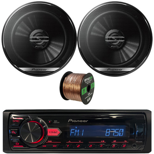 Pioneer MVH-85UB Single DIN USB/AUX MP3 Player AM/FM Radio Digital Media Car Audio Stereo Receiver, 2x Pioneer TS-G1620F 6.5" 300W Max Power 2-Way Coaxial Automotive Speakers, 50 feet 16G Speaker Wire