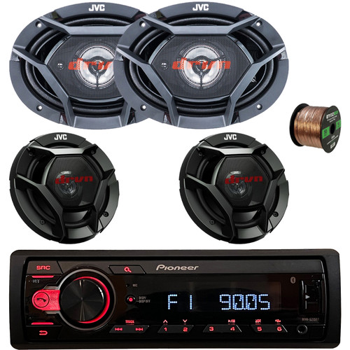 Pioneer MVH-S215BT Single-DIN Bluetooth USB/AUX MP3 AM/FM Radio Digital Media Stereo Receiver, 2x 6.5" 300W Max Power 2-Way Car Audio Speakers, 2x 6x9" 500W Peak Power 3-Way Speakers, Speaker Wire