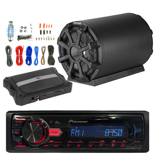 Pioneer MVH-85UB Single DIN AM/FM Radio USB MP3 Stereo Digital Media Receiver, 10" 800W Subwoofer, 1500W Mono Amplifier w/ Install Wiring Kit
