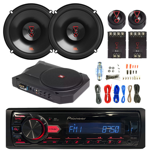 Pioneer MVH-85UB Single DIN AM/FM Radio USB MP3 Stereo Digital Media Receiver, 8" 125W RMS Power Self-Powered Low Profile Underseat Subwoofer, 2x 6.5" 2-Way 225 Watt Car Audio Speakers, Amp Wiring Kit
