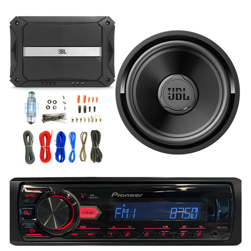 Pioneer MVH-85UB Single DIN AM/FM Radio USB MP3 Stereo Digital Media Receiver, 12” High Performance 1350 Watt Peak Car Subwoofer, 1500W Mono Amplifier with Install Wiring Kit