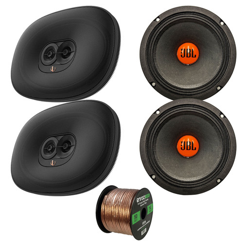 JBL 6.5" 300 Watt Peak Power Midrange Woofer Car Audio Speakers (Pair) + Infinity Primus 693M 6x9" 180 Watt Max 3-Way Audio Speakers (Pair) with 16 Gauge 50 feet Wire