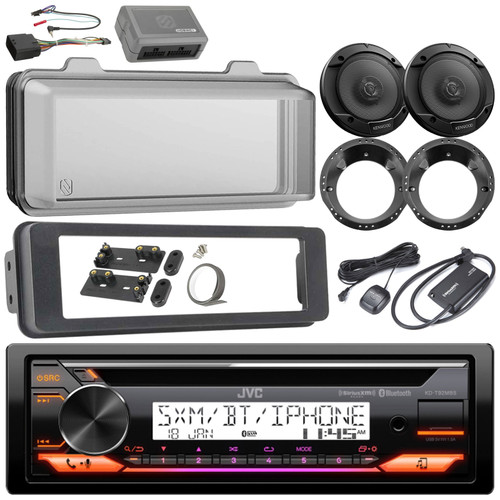 JVC KD-T92MBS Single DIN Marine Bluetooth USB AUX CD Receiver Bundle with 2x 6.5" Speakers, Stereo Install Kit, Handlebar Control Interface, Radio Cover, Speaker Adapters, SiriusXM Tuner Kit